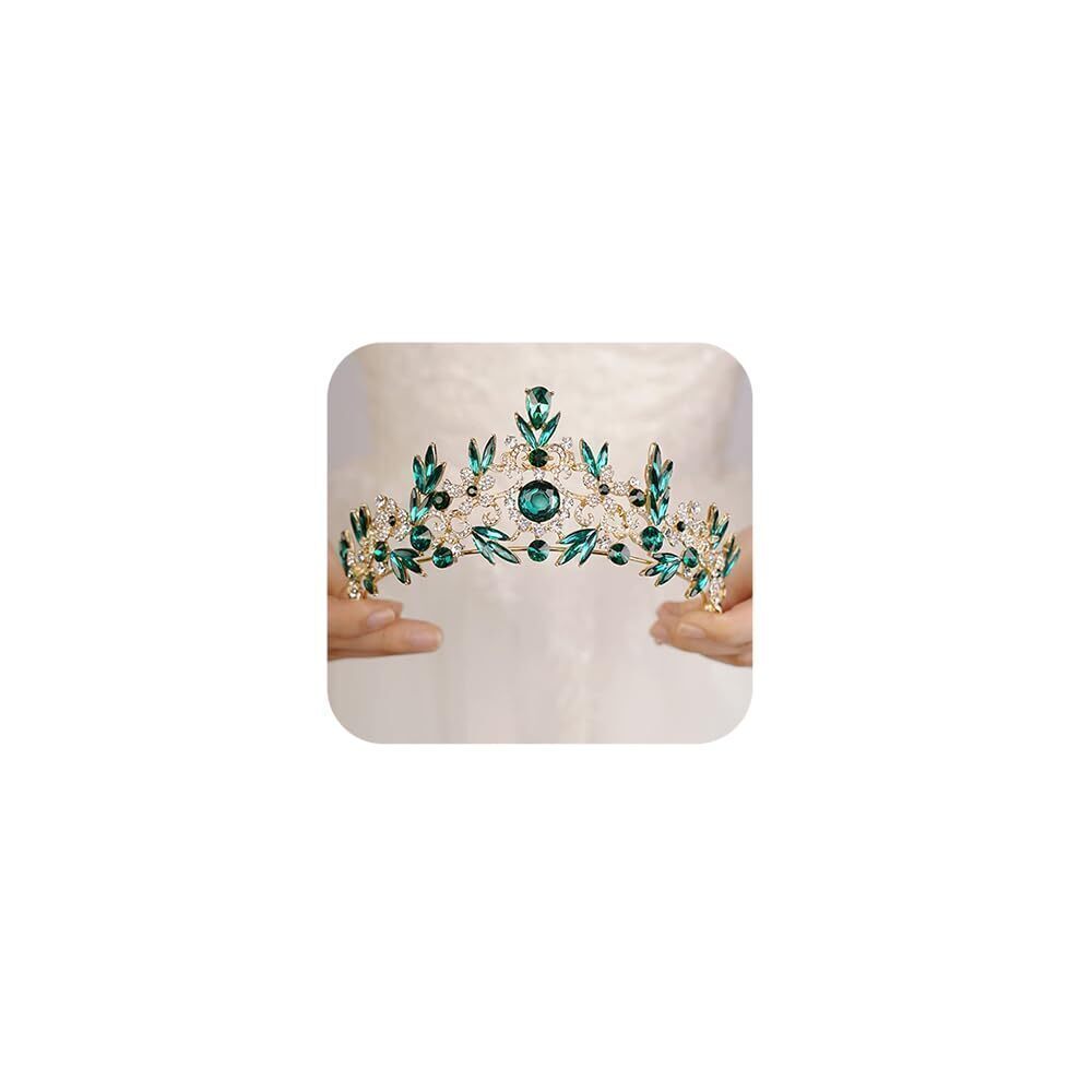 4606 Baroque Green Crystal Tiara Leaf Rhinetsone Queen Crown Bridal